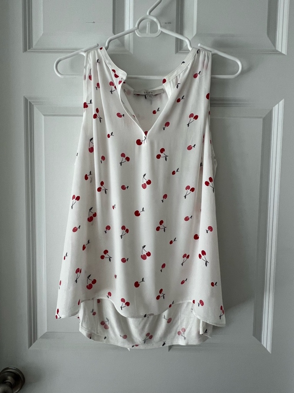 LOFT Cream Sleeveless Cherry-Print V-Neck Blouse